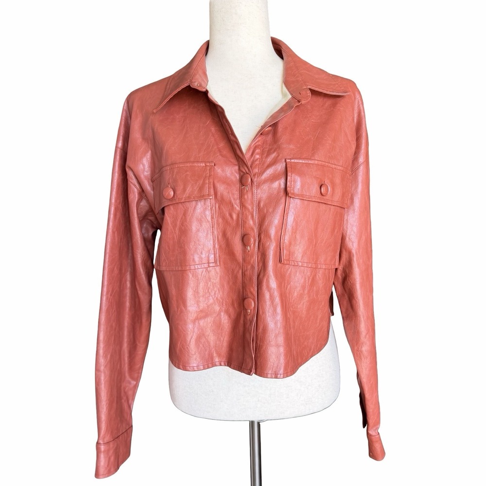LE LIS Collection Faux Leather Jacket Top Sz Large Buttons Cropped Layering Rust